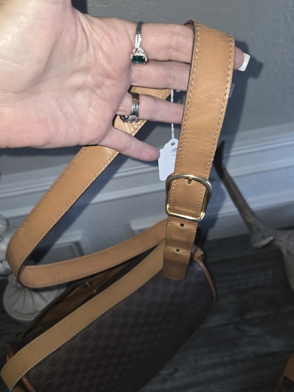 Celine Vintage Brown Patterned Crossbody Bag with Tan Strap And Matching Wallet.